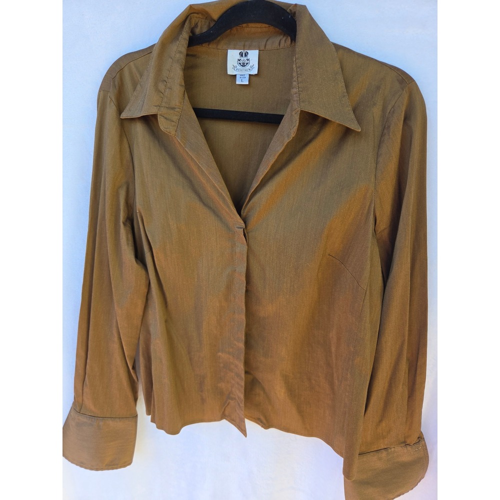 Renfrew Button Down Shirt Women Large Bronze Good Metallic Sheen Wide Cuff USA